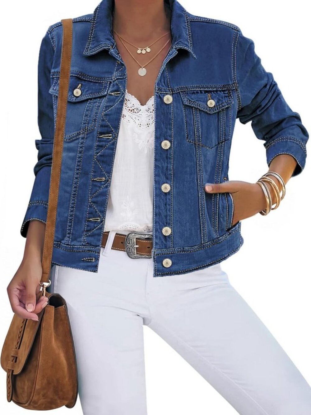 Stylish Women's Fitted Denim Jacket with Button Down, Long Sleeves, Stretchy Fit